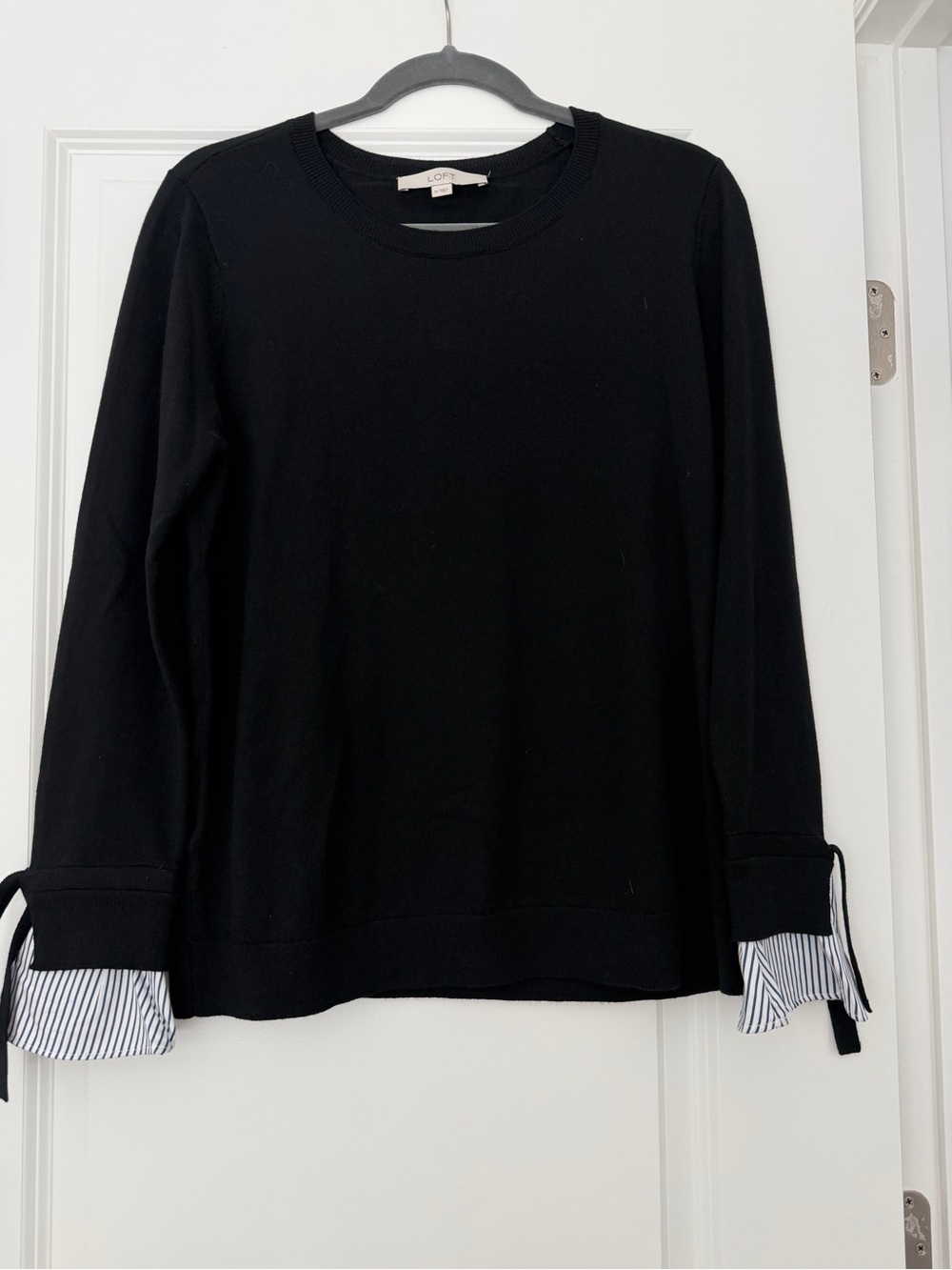 LOFT Black Crewneck Sweater with Striped Cuff Ties